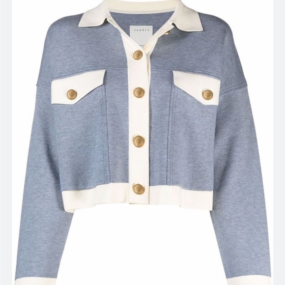 Sandro Cher Cropped Contrast Trim Knit Cardigan NWT - Picture 2 of 5